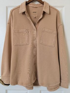 Aerie LumberJane Fleece Oversized Long Sleeve Button Down Shirt Beach Dune Tan M